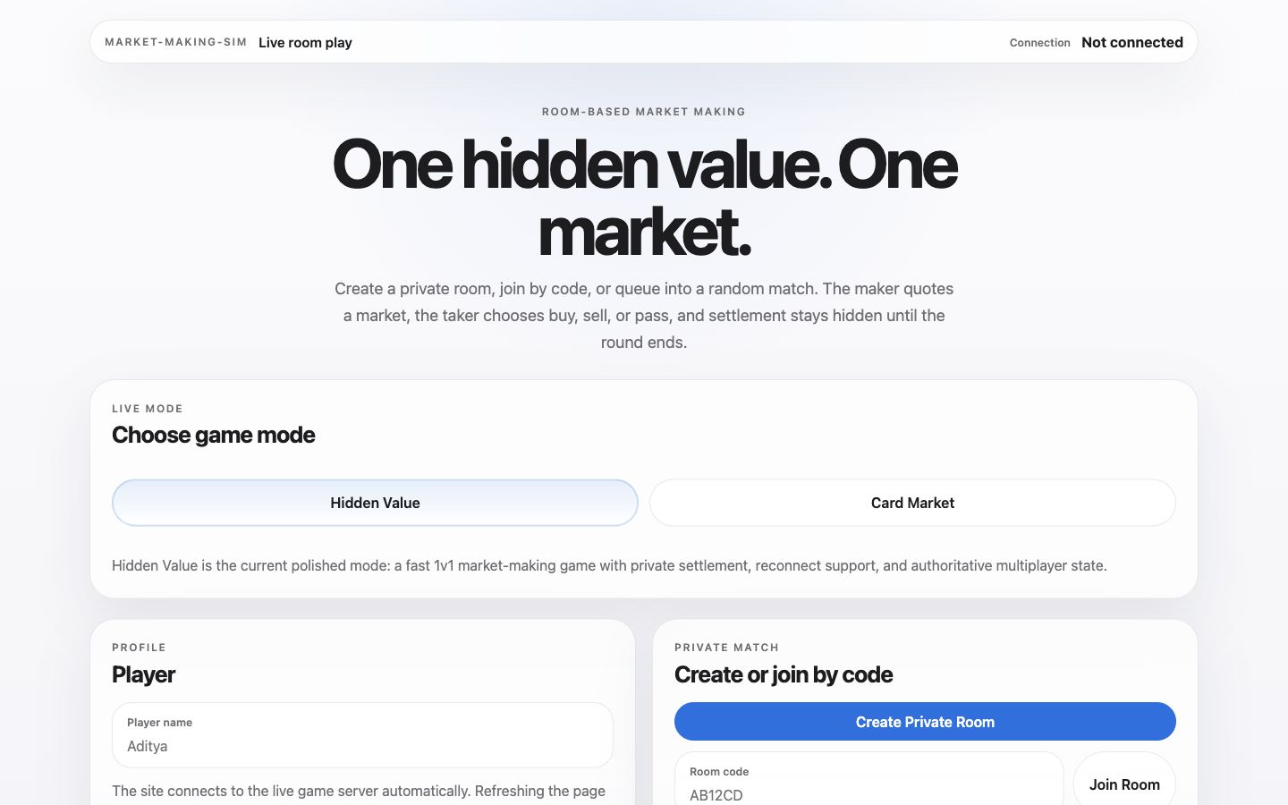 Screenshot of the live Market Making Arena website.